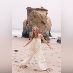 Zara 100% Linen Flowy Long Jumpsuit/Cover-up Overalls in Ecru Size Small